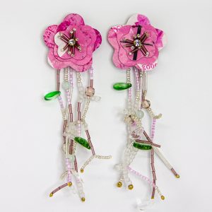 Recycled Statement earrings pink with beads and rhinestones named as cotton candy, sustainable and handmade