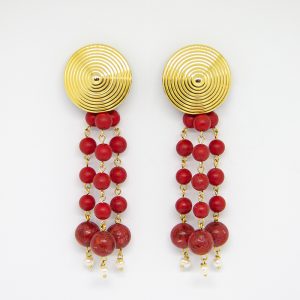 Dangle drop statement earrings with precious stones. Corals & Fresh water pearls. Inspired from Greece