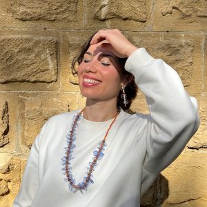 Statement neckpiece, repurposed plastic, wood and jade